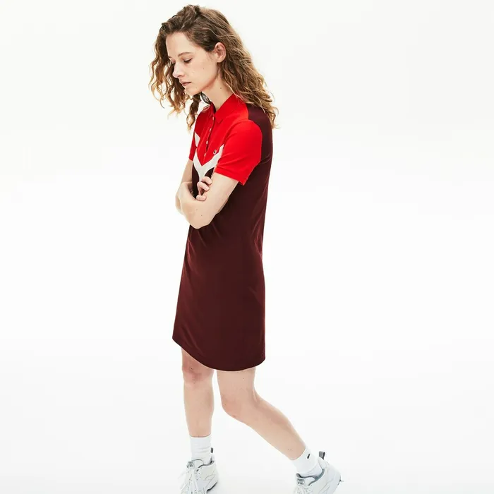 Dresses and Skirts Lacoste Womens ColorBlocked Stretch Cotton Polo Dress BordeauxBeigeRed Gift Ideas