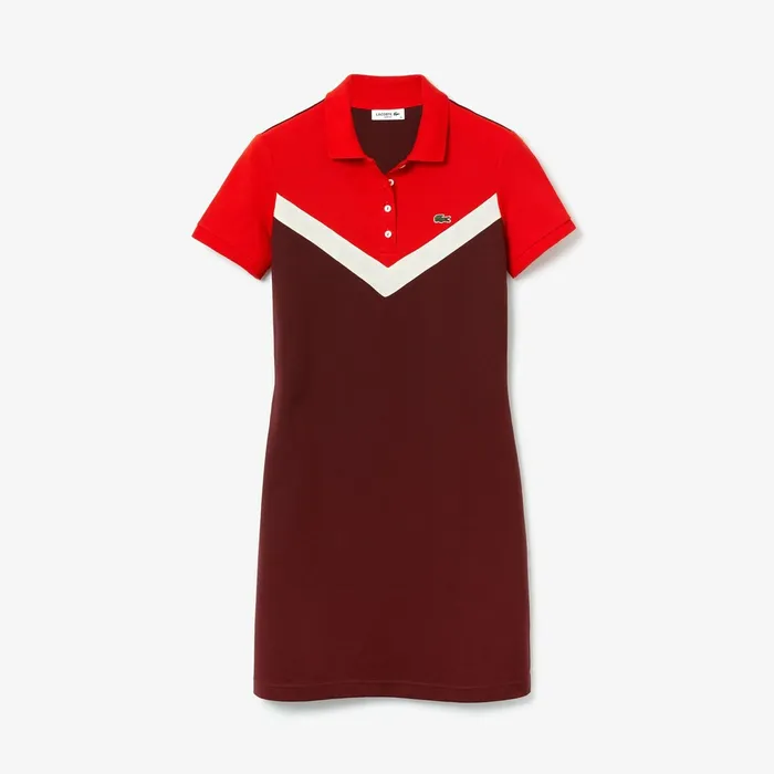 Dresses and Skirts Lacoste Womens ColorBlocked Stretch Cotton Polo Dress BordeauxBeigeRed Gift Ideas