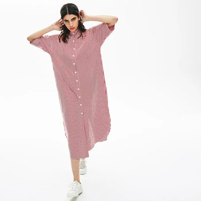 Dresses and Skirts Lacoste Womens LIVE Striped Cotton Maxi Dress WhiteRed Shop