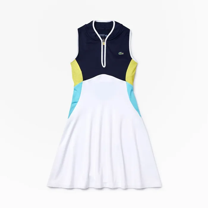 Dresses and Skirts Lacoste Womens SPORT Colorblock Stretch Jersey Dress WhiteNavy BlueTurquoiseYellow Gift 4 You