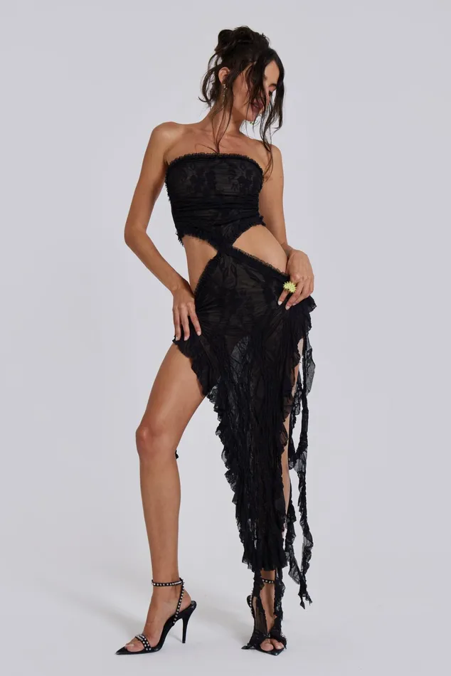 Dresses Women Jaded London Shop Gaia Scrunch Lace Midi Dress In Black