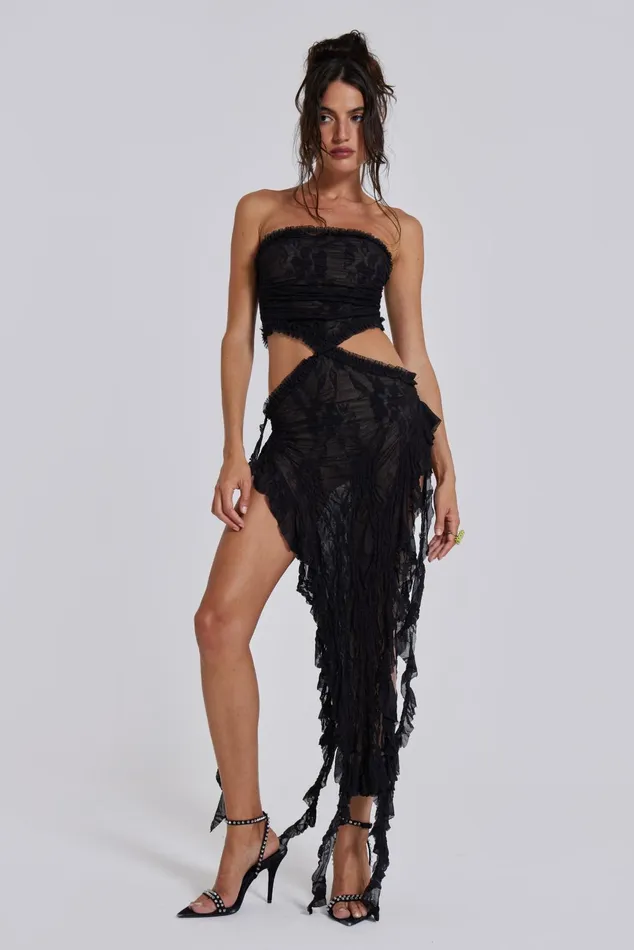 Dresses Women Jaded London Shop Gaia Scrunch Lace Midi Dress In Black