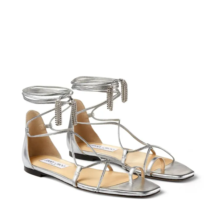 Dusti Flat Silver Metallic Nappa Leather Sandals With CrystalChain Tassels Silvercrystal Women JIMMY CHOO Flats