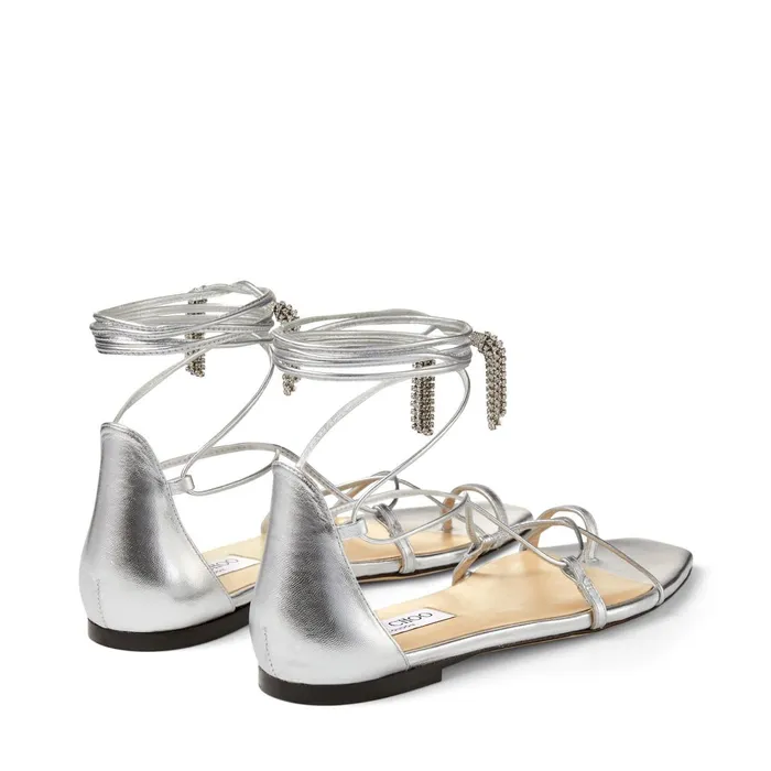 Dusti Flat Silver Metallic Nappa Leather Sandals With CrystalChain Tassels Silvercrystal Women JIMMY CHOO Flats
