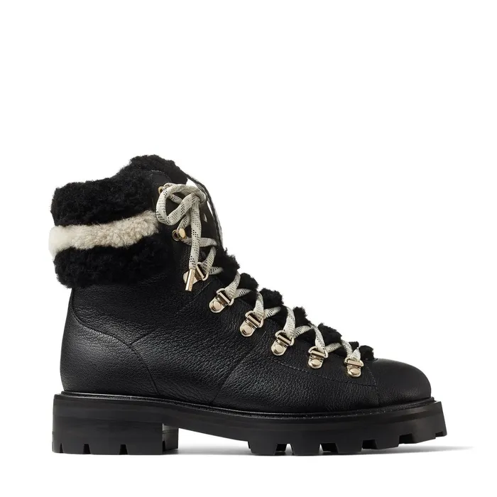 Eshe Flat Shearling Black Grainy Leather Hiking Boots With Natural And Black Shearling Collar Blacknatural Women JIMMY CHOO Boots Eshe Flat Shearling Black Grainy Leather Hiking Boots With Natural And Black Shearling Collar Blacknatural Women JIMMY CHOO Boots