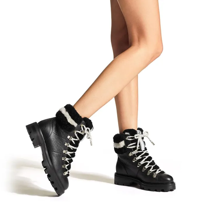 Eshe Flat Shearling Black Grainy Leather Hiking Boots With Natural And Black Shearling Collar Blacknatural Women JIMMY CHOO Boots Eshe Flat Shearling Black Grainy Leather Hiking Boots With Natural And Black Shearling Collar Blacknatural Women JIMMY CHOO Boots