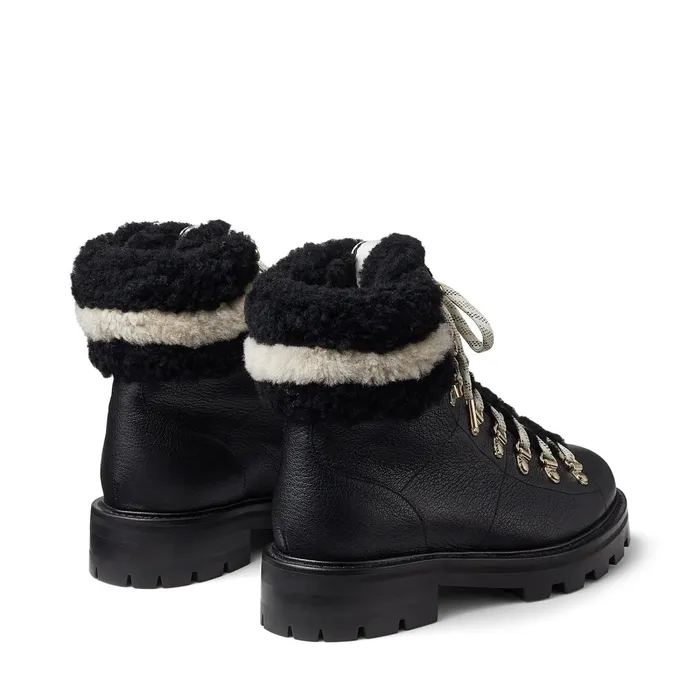 Eshe Flat Shearling Black Grainy Leather Hiking Boots With Natural And Black Shearling Collar Blacknatural Women JIMMY CHOO Boots Eshe Flat Shearling Black Grainy Leather Hiking Boots With Natural And Black Shearling Collar Blacknatural Women JIMMY CHOO Boots