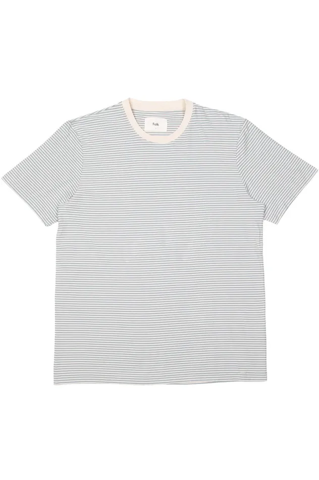 Folk Clothing 1X1 Stripe TShirt 8211 Ecru Dusty Blue Mens TShirts