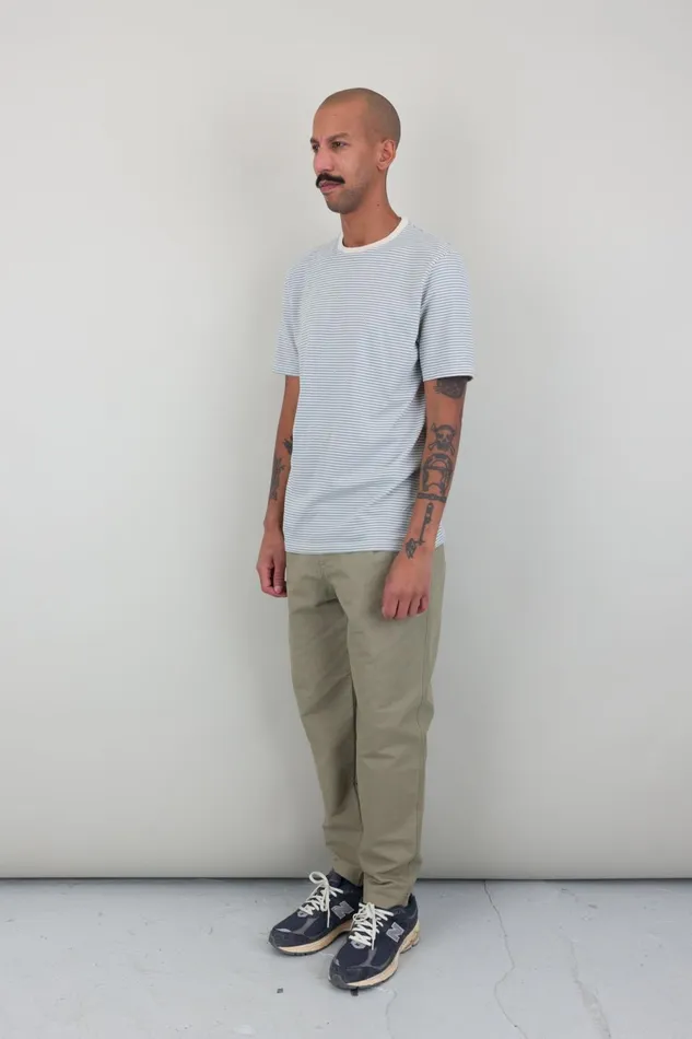 Folk Clothing 1X1 Stripe TShirt 8211 Ecru Dusty Blue Mens TShirts
