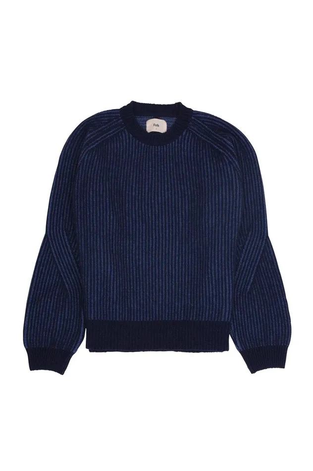 Folk Clothing Plated Rib Crew 8211 Navy Soft Blue Mens Knitwear