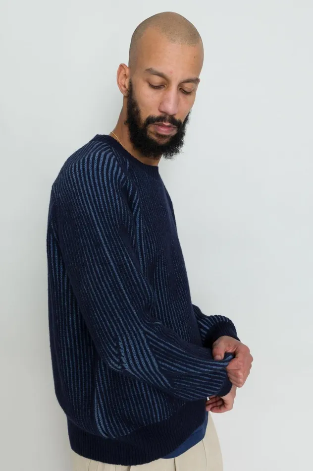 Folk Clothing Plated Rib Crew 8211 Navy Soft Blue Mens Knitwear