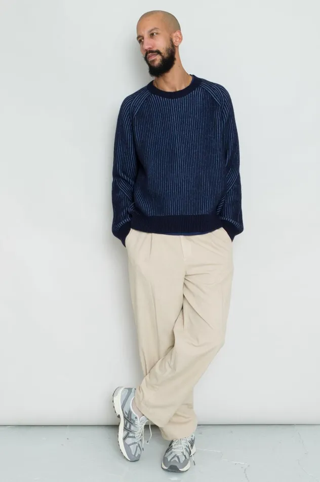 Folk Clothing Plated Rib Crew 8211 Navy Soft Blue Mens Knitwear