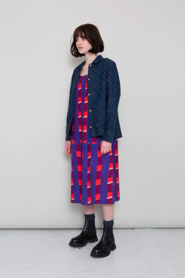 Folk Clothing Pleated Shirt 8211 Indigo Broken Checkerboard Womens Shirting