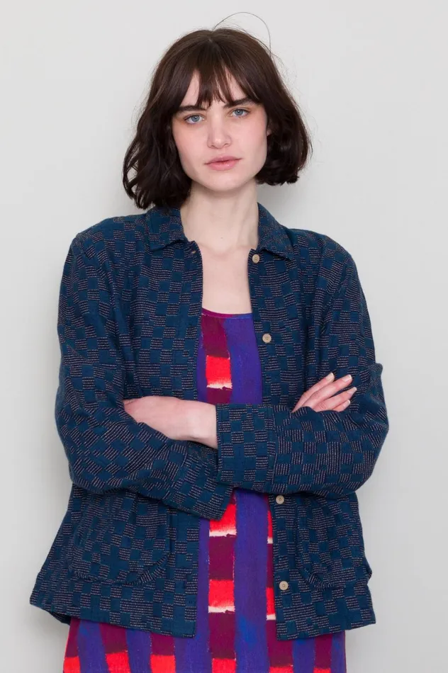 Folk Clothing Pleated Shirt 8211 Indigo Broken Checkerboard Womens Shirting