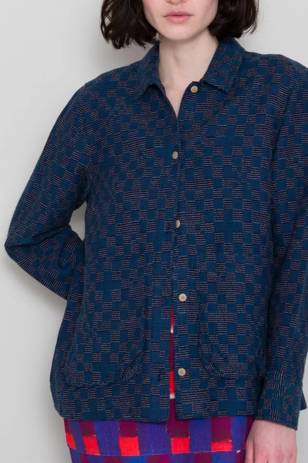 Folk Clothing Pleated Shirt 8211 Indigo Broken Checkerboard Womens Shirting