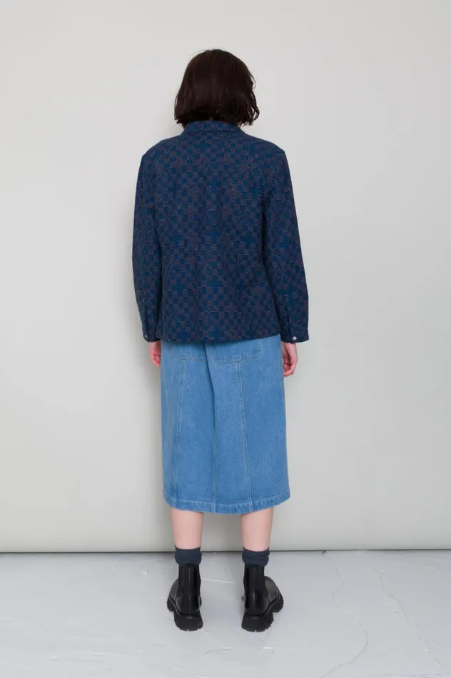 Folk Clothing Pleated Shirt 8211 Indigo Broken Checkerboard Womens Shirting