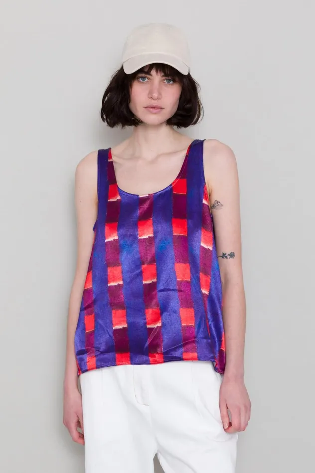 Folk Clothing Scoop Back Vest 8211 Painted Gingham Satin Womens TShirts and Vests