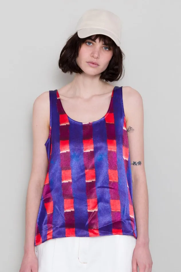 Folk Clothing Scoop Back Vest 8211 Painted Gingham Satin Womens TShirts and Vests