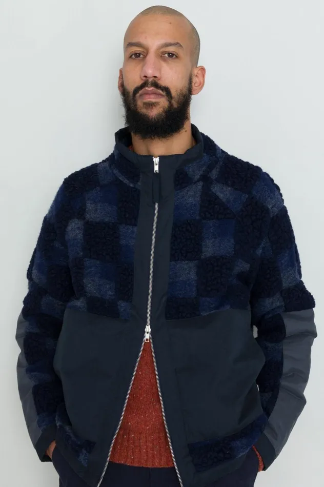 Folk Clothing Signal Fleece 8211 Navy Checkerboard Mens Outerwear