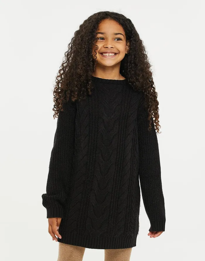 Girls Black Cable Knit Jumper Dress Black Threadbare Jumpers
