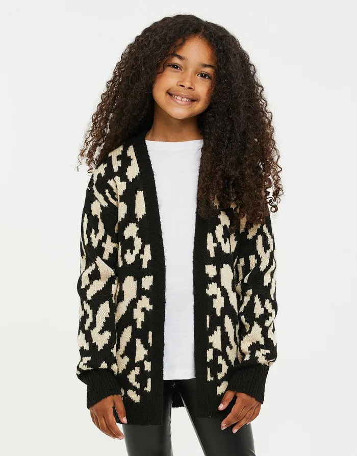 Girls Black Leopard Print Knitted Cardigan Black Threadbare Knitwear