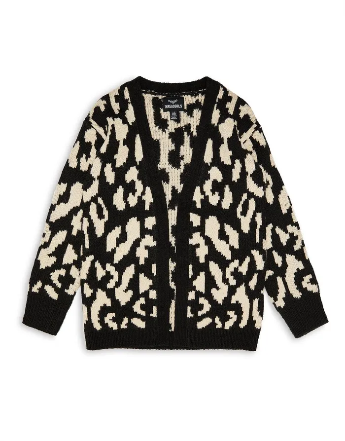 Girls Black Leopard Print Knitted Cardigan Black Threadbare Knitwear Girls Black Leopard Print Knitted Cardigan Black Threadbare Knitwear