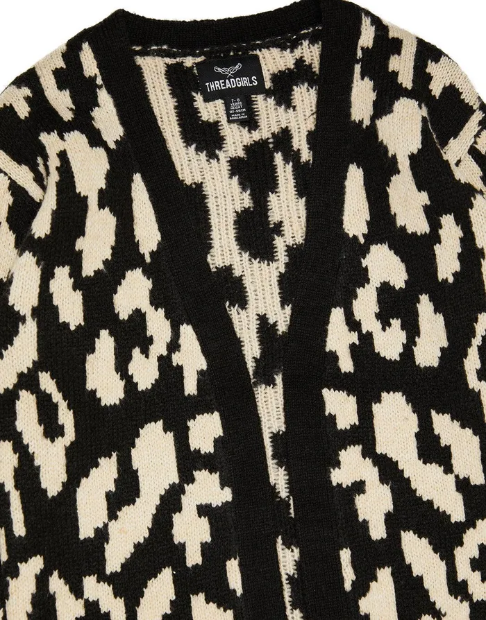 Girls Black Leopard Print Knitted Cardigan Black Threadbare Knitwear Girls Black Leopard Print Knitted Cardigan Black Threadbare Knitwear