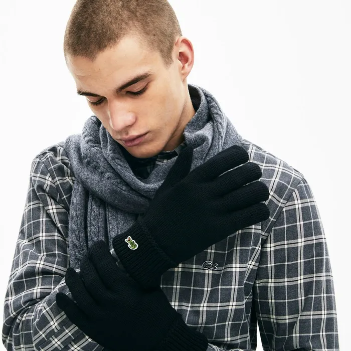 Gloves Lacoste Mens Ribbed Wool Gloves Black Gift for Friend