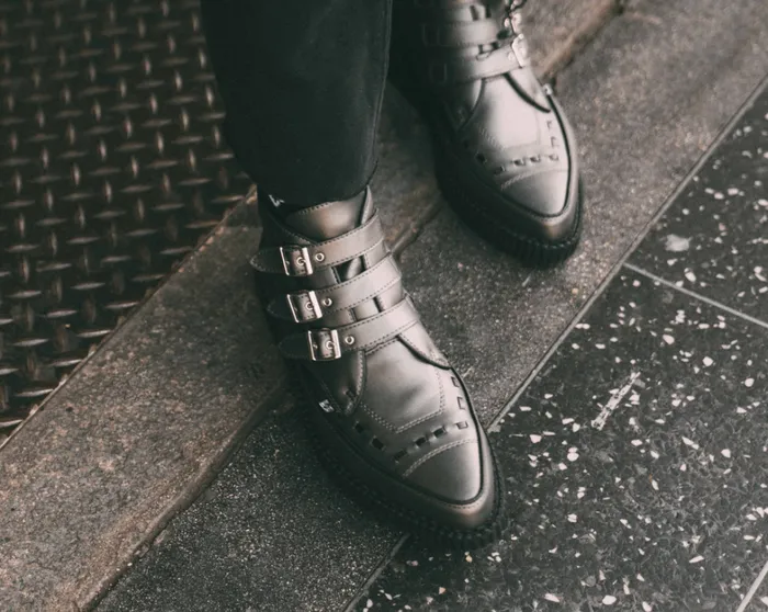 Gunmetal and Black Trim Pointed Buckle Boot Men TUK Shoes Vegan Gunmetal and Black Trim Pointed Buckle Boot Men TUK Shoes Vegan