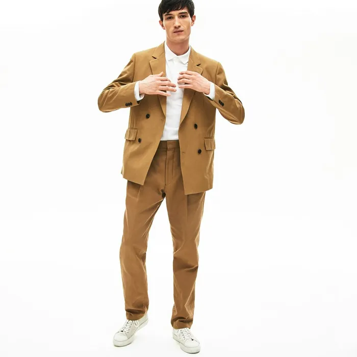 Jackets and Coats Lacoste Mens CottonLinen DoubleBreasted Jacket Brown USA