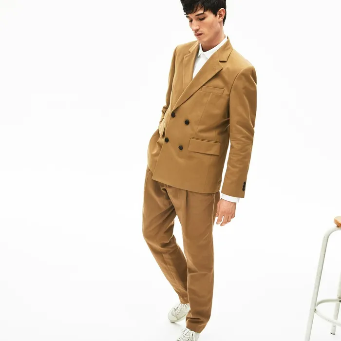 Jackets and Coats Lacoste Mens CottonLinen DoubleBreasted Jacket Brown USA