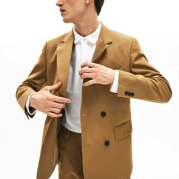 Jackets and Coats Lacoste Mens CottonLinen DoubleBreasted Jacket Brown USA