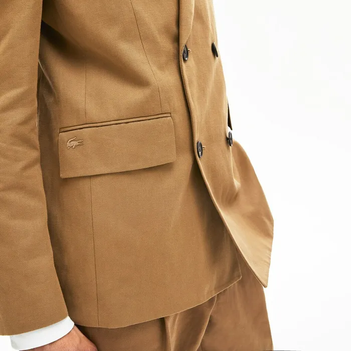 Jackets and Coats Lacoste Mens CottonLinen DoubleBreasted Jacket Brown USA