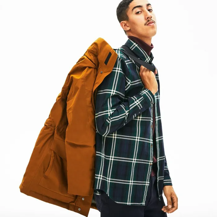 Jackets and Coats Lacoste Mens Detachable Faux Fur Hood Long Quilted Parka BrownKhaki Green Shop Online