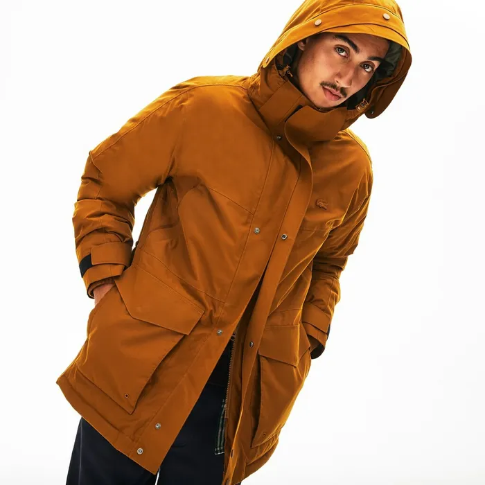 Jackets and Coats Lacoste Mens Detachable Faux Fur Hood Long Quilted Parka BrownKhaki Green Shop Online