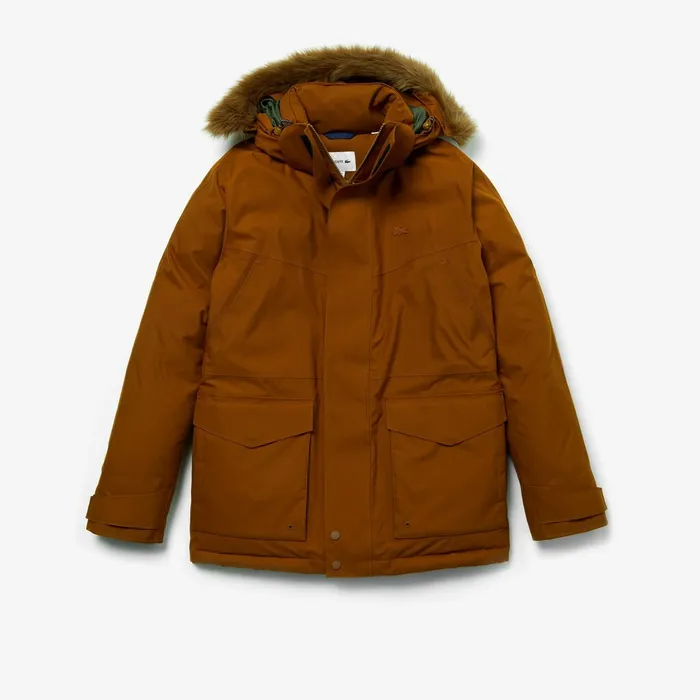 Jackets and Coats Lacoste Mens Detachable Faux Fur Hood Long Quilted Parka BrownKhaki Green Shop Online