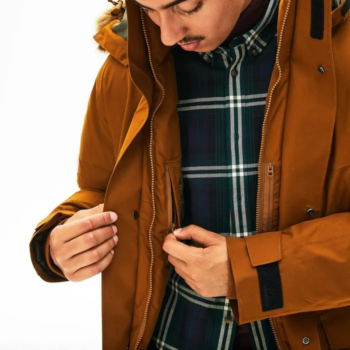 Jackets and Coats Lacoste Mens Detachable Faux Fur Hood Long Quilted Parka BrownKhaki Green Shop Online