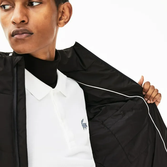 Jackets and Coats Lacoste Mens Detachable Hood Quilted WaterResistant Taffeta Jacket Black Gift 4 You