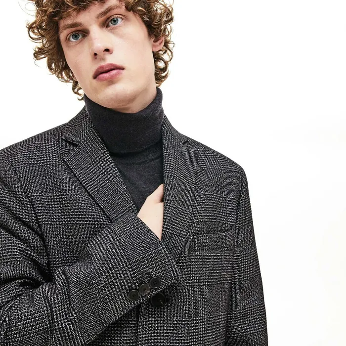 Jackets and Coats Lacoste Mens Glen Plaid Wool Blend Chesterfield Coat WhiteBlack Gift for Friend