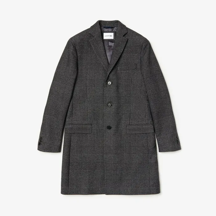 Jackets and Coats Lacoste Mens Glen Plaid Wool Blend Chesterfield Coat WhiteBlack Gift for Friend