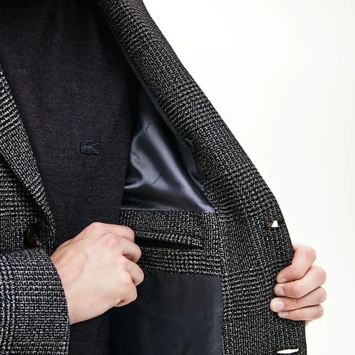 Jackets and Coats Lacoste Mens Glen Plaid Wool Blend Chesterfield Coat WhiteBlack Gift for Friend