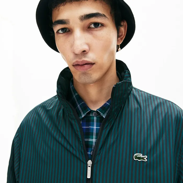 Jackets and Coats Lacoste Mens LIVE Lightweight Striped ZipUp Jacket BlackGreen Casaul
