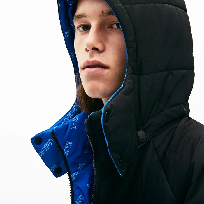 Jackets and Coats Lacoste Mens LIVE PrintLined Reversible Quilted Jacket BlackBlueWhite Outlet Factory