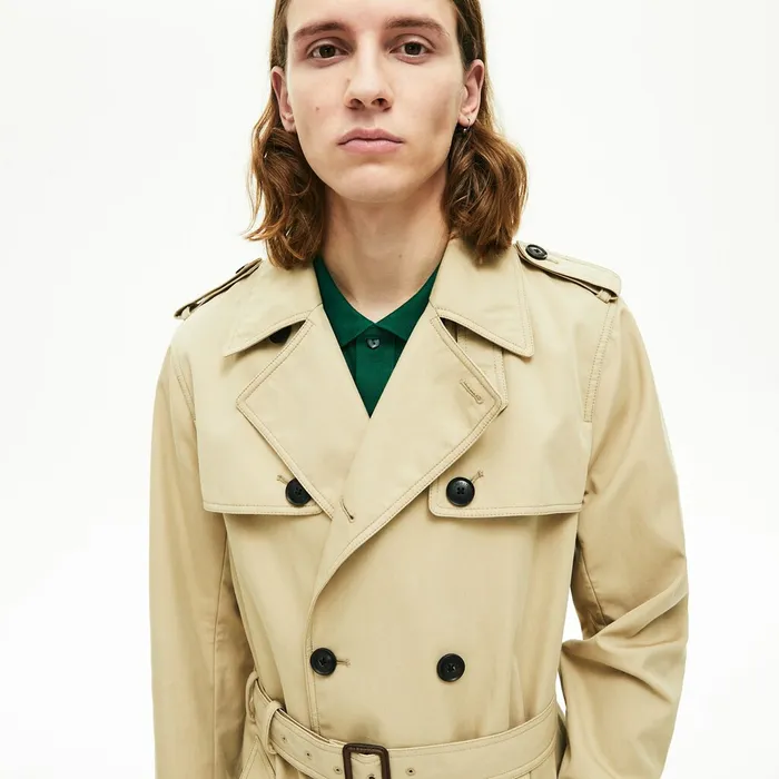 Jackets and Coats Lacoste Mens Long Belted Cotton Trench Coat Beige USA