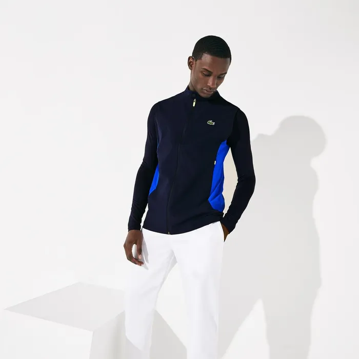 Jackets and Coats Lacoste Mens SPORT Stretch Zip Golf Rain Vest Navy BlueBlueFlashy Yellow Gift for Friend