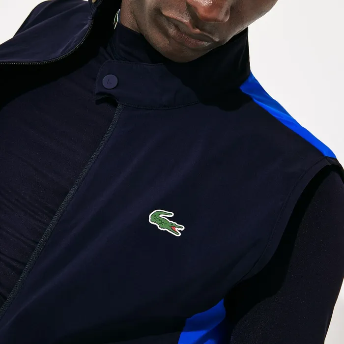 Jackets and Coats Lacoste Mens SPORT Stretch Zip Golf Rain Vest Navy BlueBlueFlashy Yellow Gift for Friend