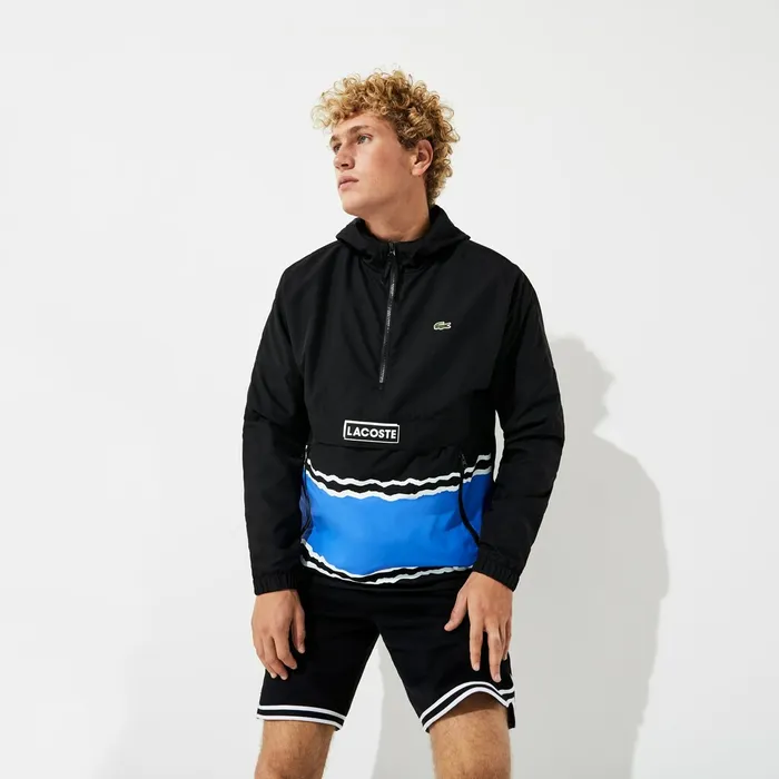 Jackets and Coats Lacoste Mens SPORT Striped WaterResistant Windbreaker BlackBlueWhite USA Jackets and Coats Lacoste Mens SPORT Striped WaterResistant Windbreaker BlackBlueWhite USA