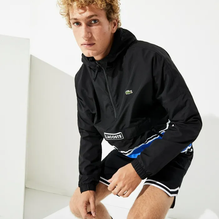 Jackets and Coats Lacoste Mens SPORT Striped WaterResistant Windbreaker BlackBlueWhite USA