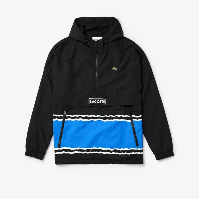 Jackets and Coats Lacoste Mens SPORT Striped WaterResistant Windbreaker BlackBlueWhite USA