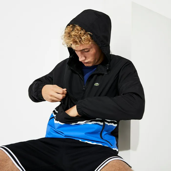 Jackets and Coats Lacoste Mens SPORT Striped WaterResistant Windbreaker BlackBlueWhite USA